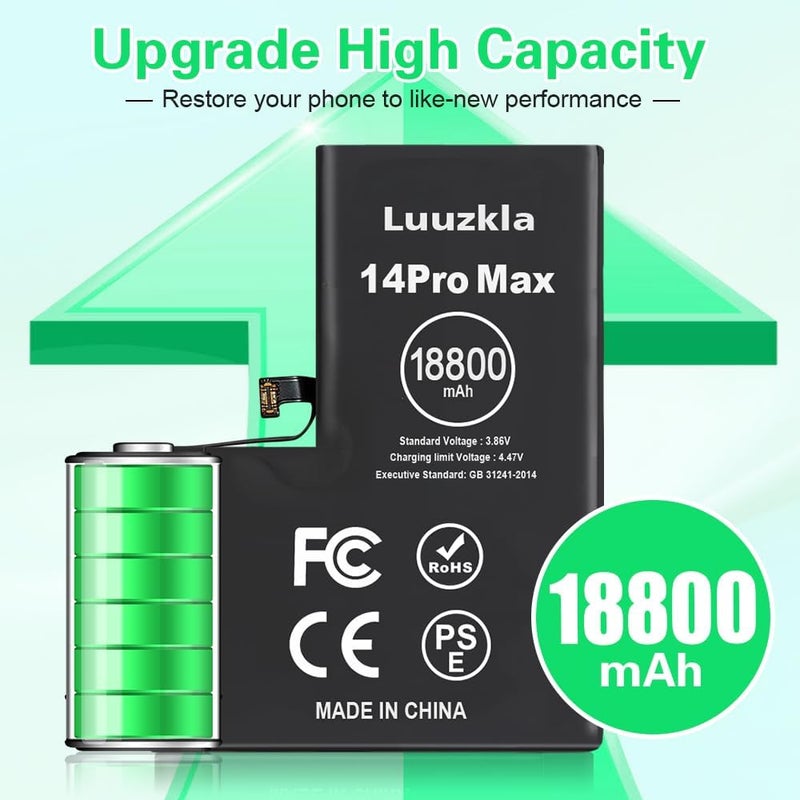Luuzkla بطارية بسعة 18800mAh (ترقية جديدة 2025) متوافقة مع آيفون 14 برو ماكس، بطارية بسعة فائقة متوافقة مع آيفون 14 برو ماكس، مع مجموعة أدوات كاملة - سعة عالية 0 دورة - خدمة لمدة 24 شهرًا - Image 2
